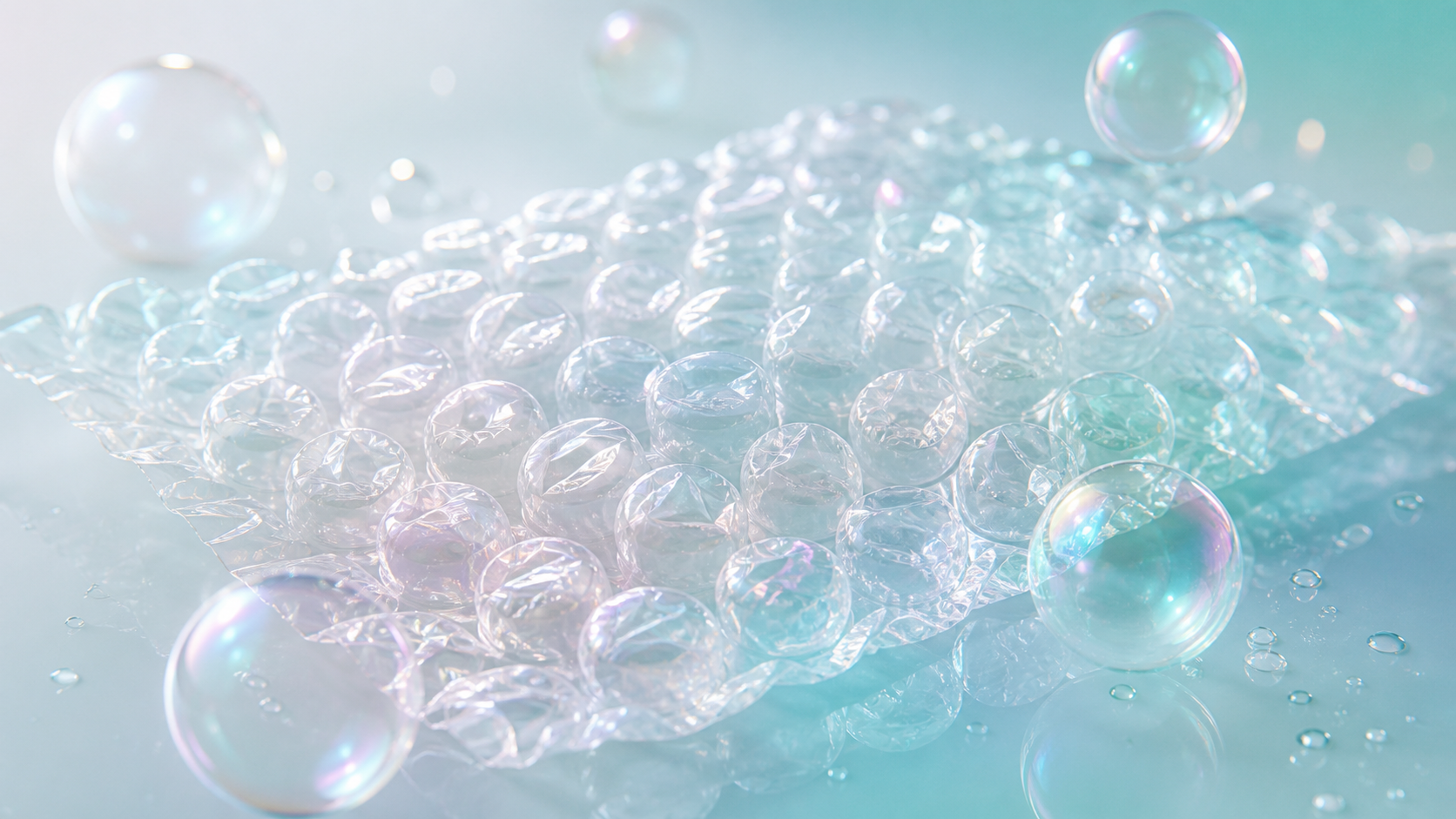 Iridescent bubble wrap with floating soap bubbles