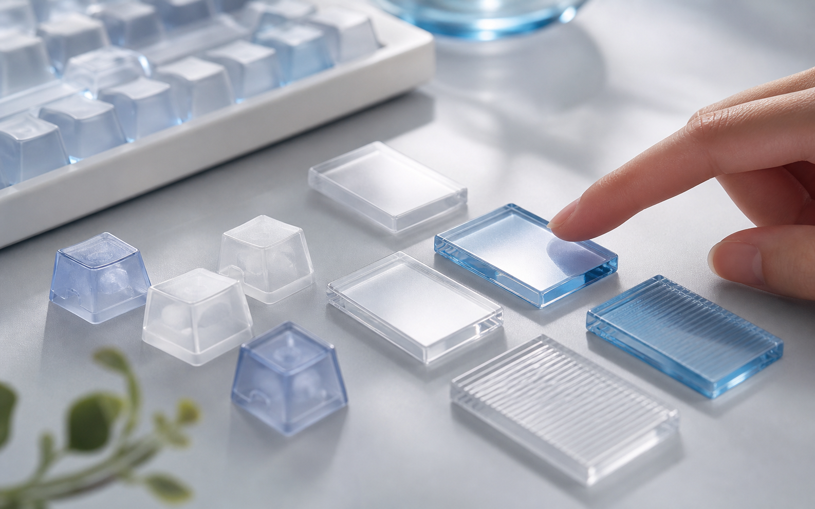 A fingertip pressing a glossy translucent keycap among soft blue and white plastic keys
