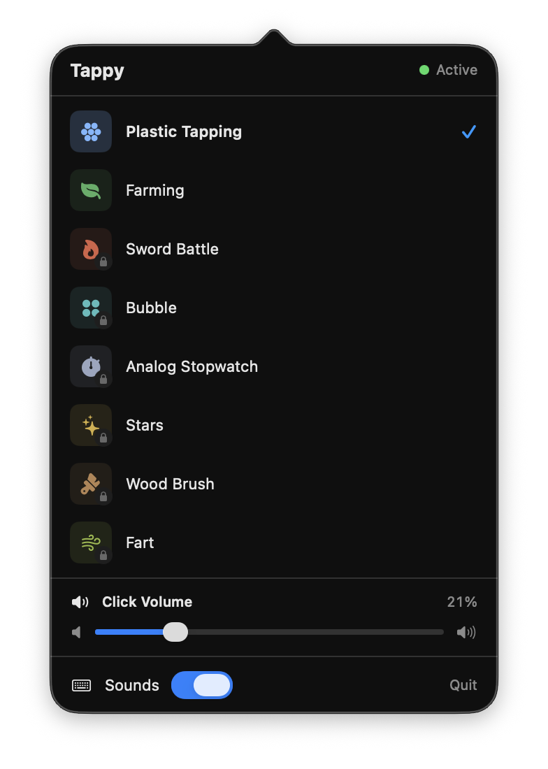 The Tappy menu bar popover showing sound packs and a volume slider